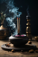 incense sticks with smoke on a black background