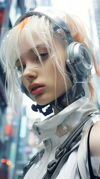 Futuristic young woman in trendy clothes and helmet. AI Generative