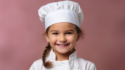 Little girl in a chef costume on isolated beige background.