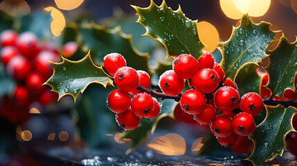 Icy Holly Sprig with Red Berries: A Festive Christmas Scene