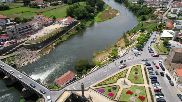 Aerial view of Barcelos city, district Braga, Portugal. Landscape on the river Cavado, Barcelos bridge, Paco dos Condes and church.