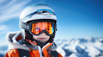 Portrait of a kid skier in helmet and winter clothes on the background of snow-covered mountain slope
