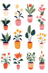 Multiple variety of plants in pots isolated on a white background