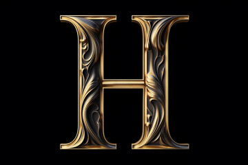 Alphabet letter H with metallic gold or brass texture isolated on black background, baroque scroll font design, golden uppercase abc for poster, cover, book