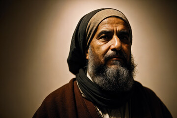 Portrait of the of the old age, bearded Middle Eastern man wearing keffiyeh, traditional clothing. Concept of active age