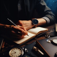 A man is writing in a notebook on a wooden desk