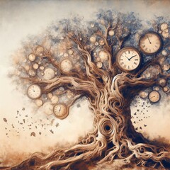 surreal tree filled with timepieces