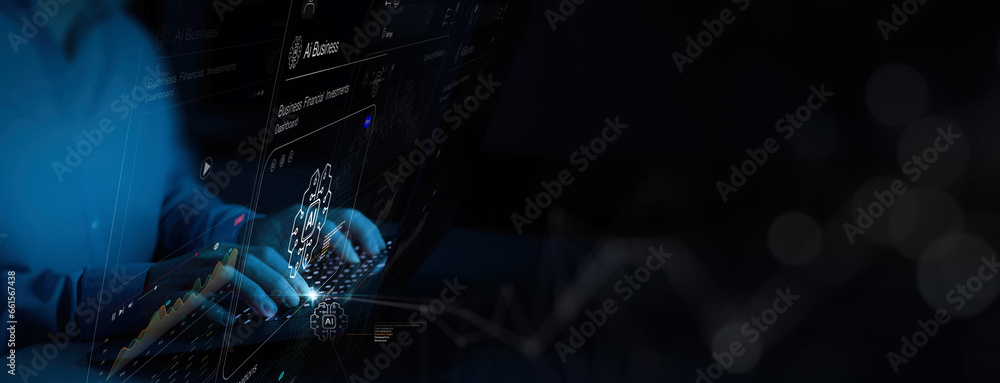 Poster Businessman using technology smart robot for business by enter command prompt, AI, artificial intelligence, Innovation futuristic technology. Chatbot, Chat with AI, Artificial Intelligence,