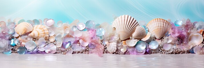 Banner background in a marine style, sea patterns, shells and sea-colored corals. - obrazy, fototapety, plakaty