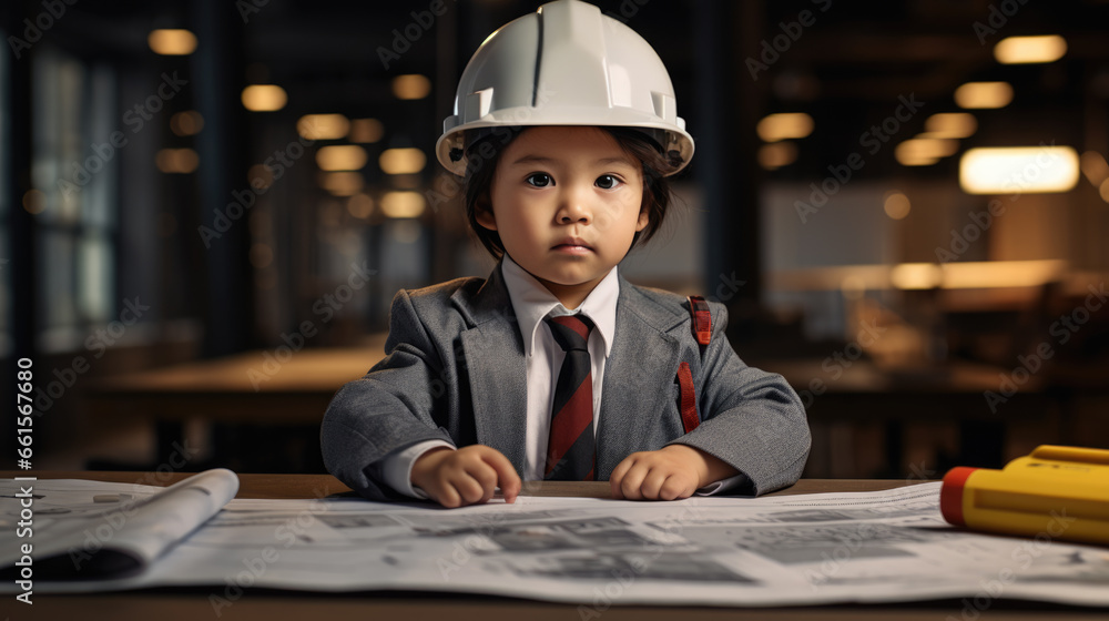 Aufkleber portrait of a little boy looking like an engineer or architect wearing a helmet with blueprints on a