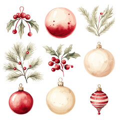 christmas decoration set with berries and christmas balls red and cream watercolor vector