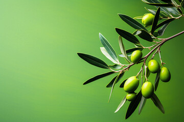 Olive branch with green olives on a green background with copy space. Green branch on green background
