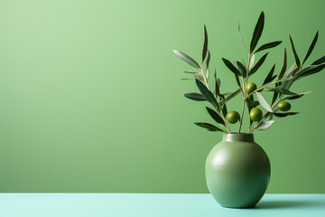 Green olives in a vase on a blue and green background.Copy space. Composition with an olive branch on a green background.