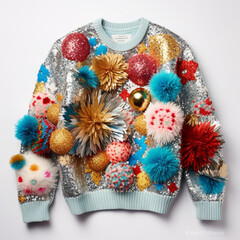 ugly christmas sweater decorated with colorful pompoms and sequins,party costume, - obrazy, fototapety, plakaty