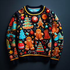 An ugly Christmas sweater , featuring a mishmash of holiday symbols A masterpiece of gaudy cheer - obrazy, fototapety, plakaty