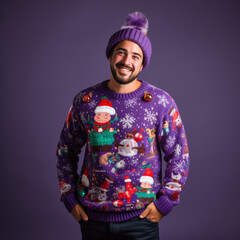a man in a hat and an ugly Christmas sweater,a costume for a party, - obrazy, fototapety, plakaty