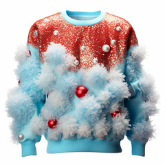 An absurdly ugly Christmas sweater designed, fluffy pom-poms, and of glitter, party outfit,