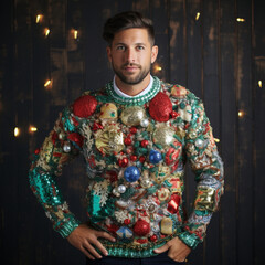 a man in an ugly Christmas sweater decorated with sequins,a costume for a party,