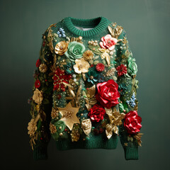 A ugly Christmas sweater, bursting with tinsel, , and an overabundance of sequins.