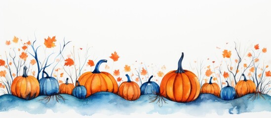 Watercolor pumpkins in orange blue on white background Halloween and autumn vibe