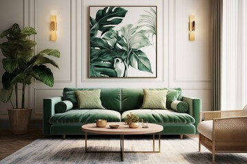 Modern, inviting lounge with cozy emerald couch and nature-inspired artwork. Generative AI