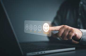 Customer feedback satisfaction survey concept. User review rating for service experience on online application. Client evaluates quality of service or product to leading reputation business ranking.