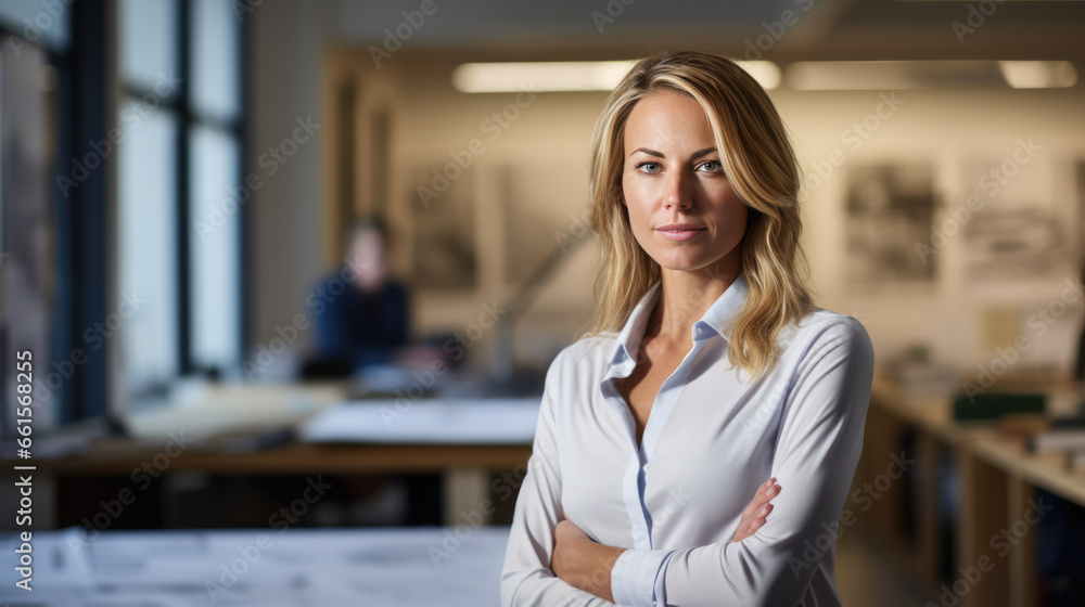 Poster female architect stands in an office in front of a desk with various architectural projects