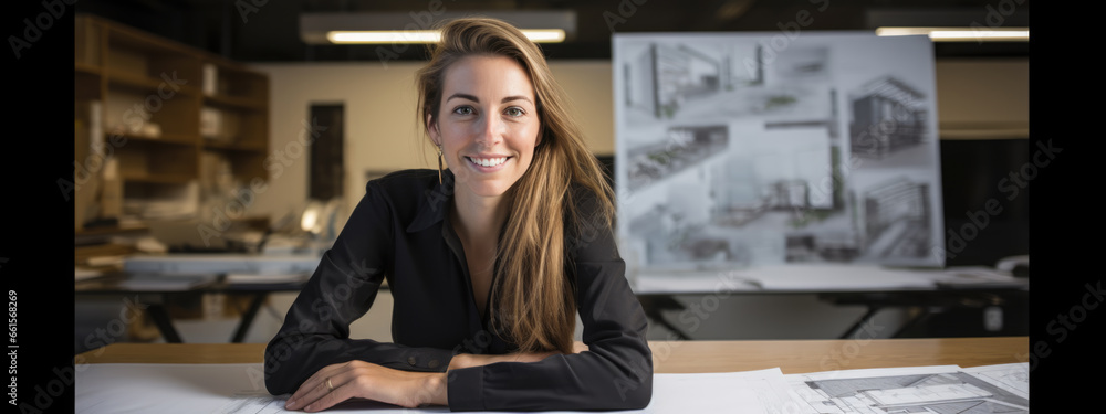 Poster female architect stands in an office in front of a desk with various architectural projects