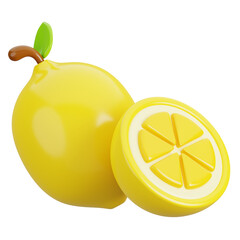 Fresh Lemon with cut in half isolated. Cartoon fruits icon. 3d render illustration.