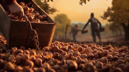 Harvesting of hazelnuts in the field at sunset.