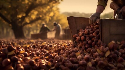 Harvesting of chestnuts in the countryside of Sicily, Italy - Powered by Adobe