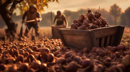 Harvesting hazelnuts in a wooden box on a field