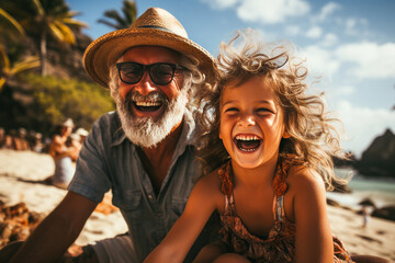 Grandfather and granddaughter enjoying sunny beach holiday.