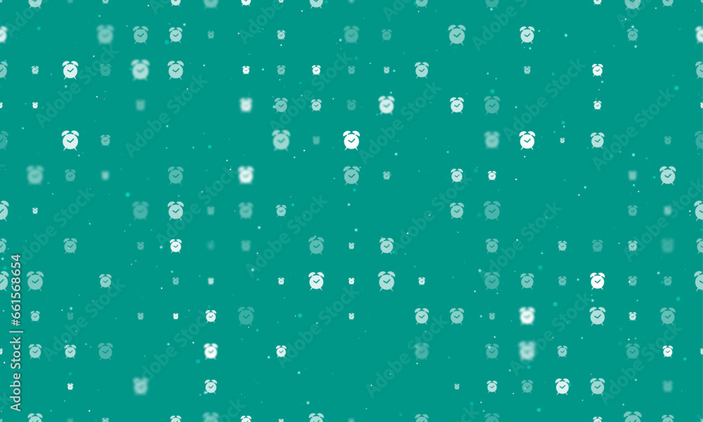 Poster seamless background pattern of evenly spaced white alarm clock symbols of different sizes and opacit