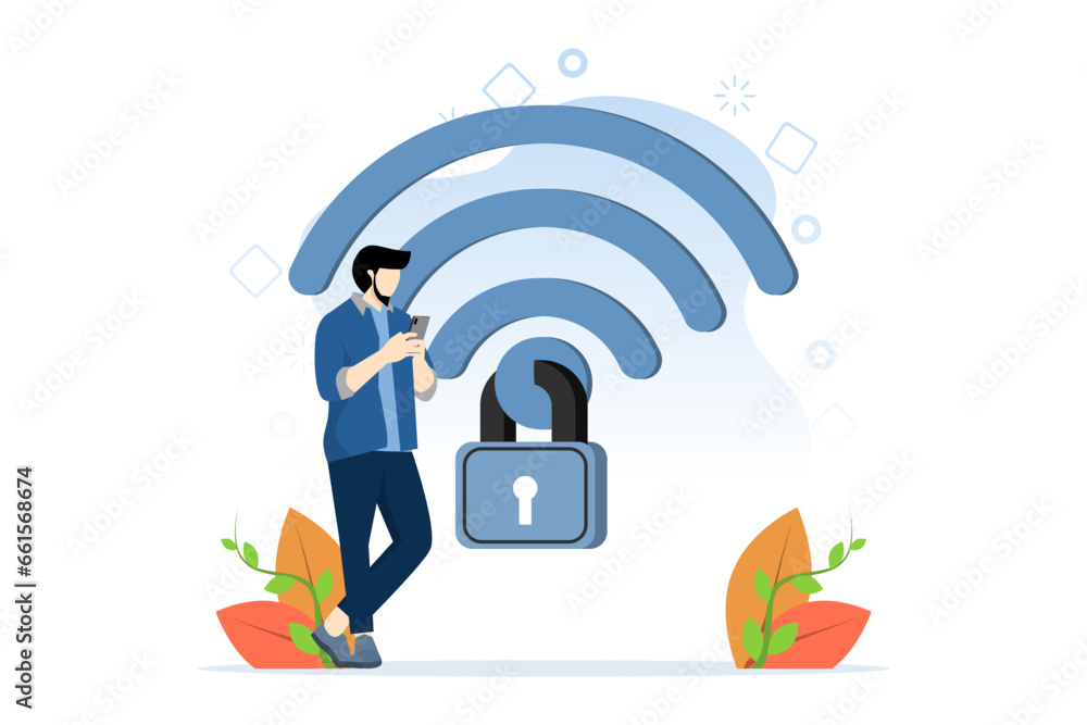 Poster wifi encryption concept, wireless security or safety for internet connection, network protection or 