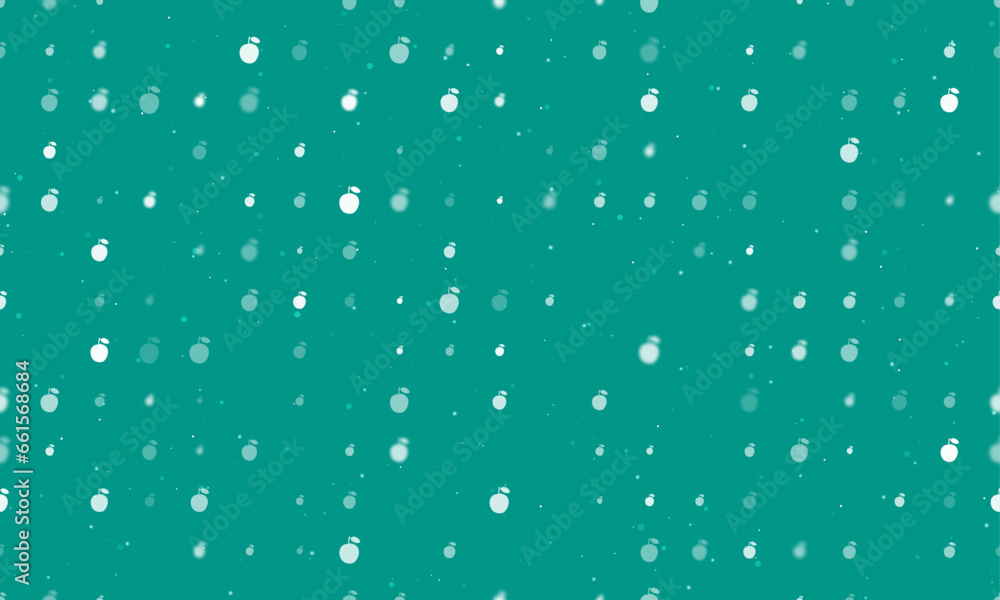Poster seamless background pattern of evenly spaced white apple symbols of different sizes and opacity. vec