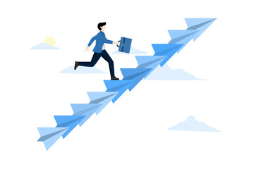 Concept of career growth, business growth or leadership to overcome challenges, motivation for success, development or ambition for success, confident businessman climbing the paper plane ladder.
