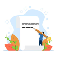 Copywriter or blogger concept, creative ideas and inspiration to start writing, imagination for success in work, talent and skills, young man using big pencil with light bulb idea writing on paper.