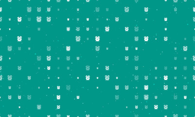 Seamless background pattern of evenly spaced white alarm clock symbols of different sizes and opacity. Vector illustration on teal background with stars