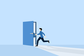 concept of opening the door looking for new opportunities, getting out of the comfort zone, looking for success, running towards a bright future, people open the door seeing the bright light coming in