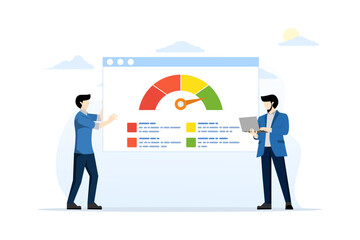 fast loading site testing concept, Speedometer test shows speed time, Website Loading Speed Optimization With Server, Web Programming, Mobile Apps and Page Software. flat vector illustration.