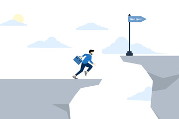 Concept of better achievement in business and career path. Entrepreneurs jump to another cliff to reach a higher level. level up or career. flat vector illustration on white background.