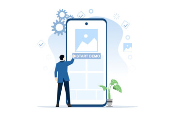 Flat design of initial demo concept. Involves a paid demo of an app or website. The phone screen displays clear content with a prominent demo start button. in-depth user experience and trial period.