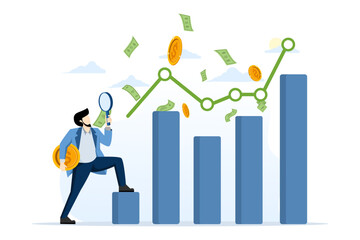 stock market report concept, financial market, investment income or money management analysis, economic growth, businessman investor holding money coins analyzing financial charts and graphs.