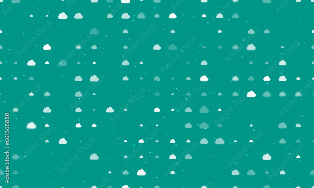Poster seamless background pattern of evenly spaced white cloud symbols of different sizes and opacity. vec