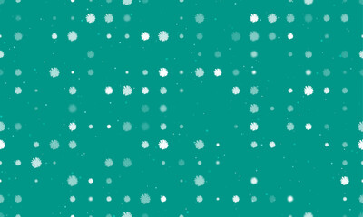 Seamless background pattern of evenly spaced white chamomile flowers of different sizes and opacity. Vector illustration on teal background with stars