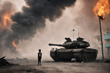 war child destruction war tanks - obrazy, fototapety, plakaty