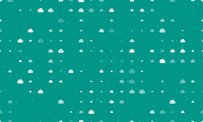 Seamless background pattern of evenly spaced white cloud symbols of different sizes and opacity. Vector illustration on teal background with stars