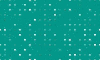Seamless background pattern of evenly spaced white cloud technology symbols of different sizes and opacity. Vector illustration on teal background with stars