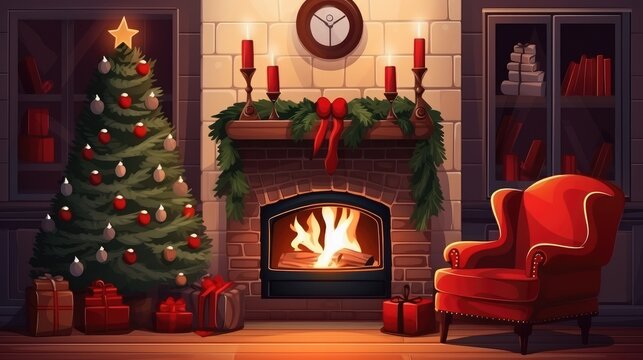 New Year and Christmas interior of a living room with a fireplace and a Christmas tree. Cartoon room. holiday illustration.